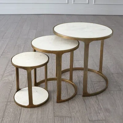 Global Views 3 Piece Marble Top Nesting Table Set-brass In White