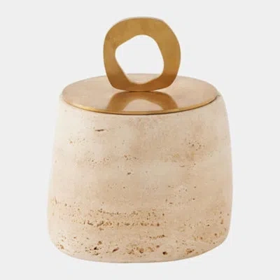 Global Views Bocal Lidded Pot-travertine-med 7"h X 6"w X 6"d Decorative Bowl In Gold;tan