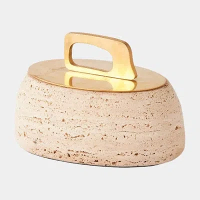 Global Views Bocal Lidded Pot-travertine-sm 5"h X 7"w X 5"d Decorative Bowl In Gold;tan