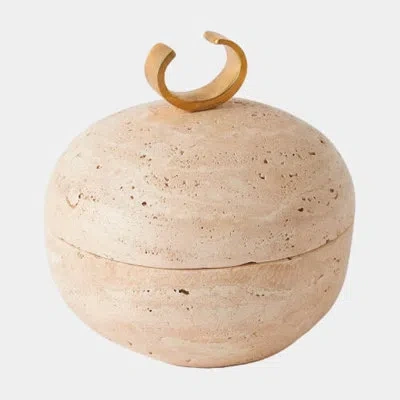 Global Views Caillou Lidded Pot-travertine-lg 6"h X 6"w X 6"d Decorative Bowl In Gold;tan