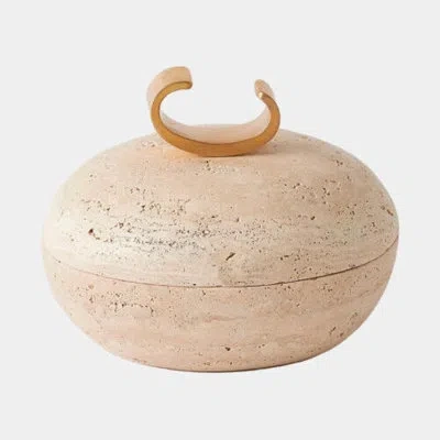 Global Views Caillou Lidded Pot-travertine-med 4"h X 5"w X 5"d Decorative Bowl In Gold;tan