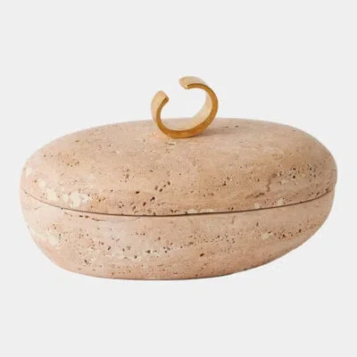 Global Views Caillou Lidded Pot-travertine-sm 5"h X 9"w X 6"d Decorative Bowl In Gold;tan