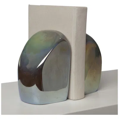 Global Views Chunk Iris Gelp Metallic Art Glass Decorative Bookends In Blue