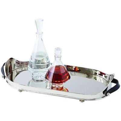 Global Views Drinks Tray W/leather Handles In Silver