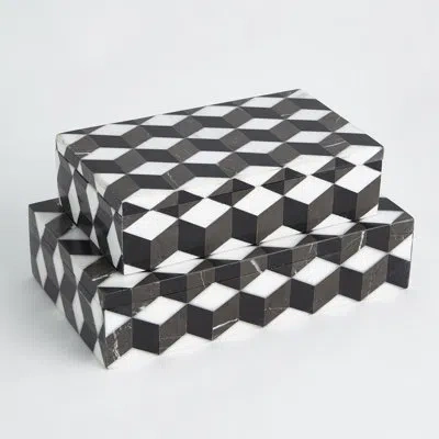 Global Views Escher Marble Box-lg In Black;white