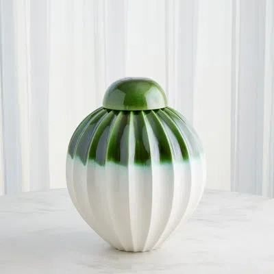 Global Views Fluted Handmade Ceramic Decorative Urns & Jars In Deep Green