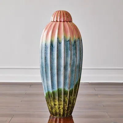 Global Views Fluted Jar W/lid-watercolor In Orange,blue,green
