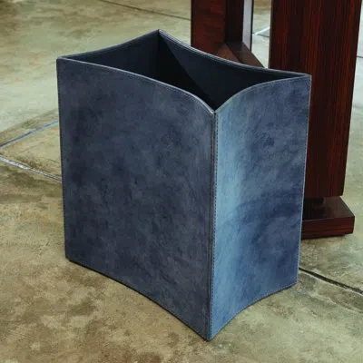 Global Views Folded Leather Wastebasket In Blue