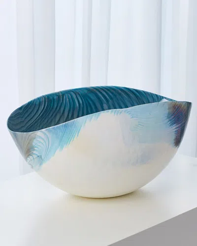 Global Views Ivory Turquoise Feather Swirl Oval Bowl - Large
