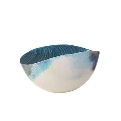 Global Views Ivory Turquoise Feather Swirl Oval Bowl-lg In Ivory,turquoise