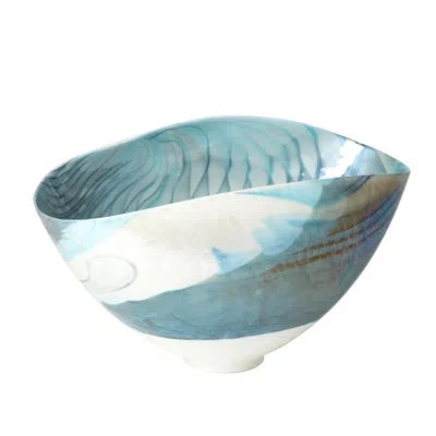 Global Views Ivory Turquoise Feather Swirl Oval Bowl-sm In Ivory,turquoise