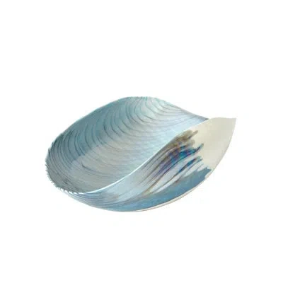 Global Views Ivory Turquoise Feather Swirl Oval Folded Bowl In Ivory,turquoise