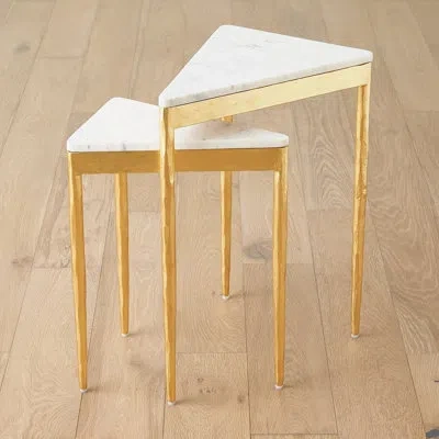Global Views S/2 Triangular Nesting Tables-gold Leaf In White
