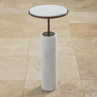 Global Views Tall Cored Marble Table-bronze In White