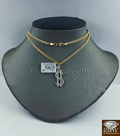 Pre-owned Globalwatches10 10k Gold Diamond Dollar Sign Charm Pendant With 24" Inch Miami Cuban Chain Real In White