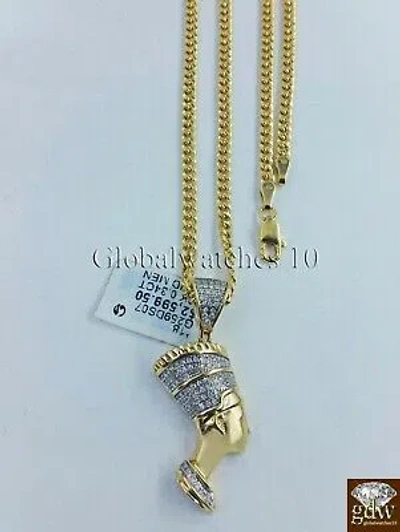 Pre-owned Globalwatches10 10k Gold Diamond Egyptian Queen Nefertiti Charm With 22"inch Miami Cuban Chain In White
