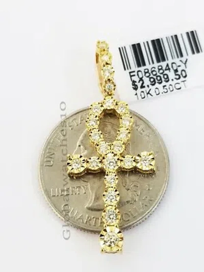 Pre-owned Globalwatches10 10k Yellow Gold 0.50 Ct Diamond Ankh Cross Men Women Charm Pendant 1.5" Realgold