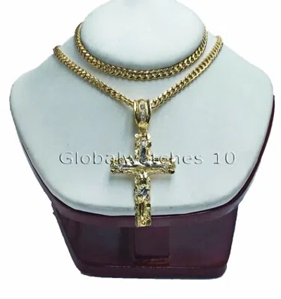Pre-owned Globalwatches10 10k Yellow Gold Jesus Cross Charm Pendant 26" Miami Cuban Chain Necklace