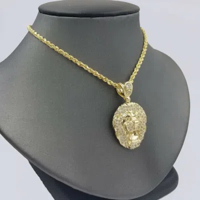 Pre-owned Globalwatches10 10k Yellow Gold Roaring Lion Head Charm Pendent With 3mm Rope Chain 20" 22" 24"