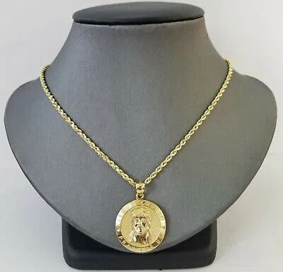 Pre-owned Globalwatches10 10kyellow Gold Round Circle Jesus Charm 18" Inch Rope Chain 2mm 10kt Gold Set