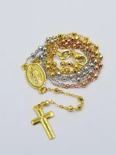Pre-owned Globalwatches10 14k Gold Rosary Necklace Ladies Chain Cross Pendant Virgin Marry Real In Yellow, Rose, White