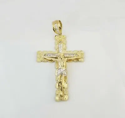 Pre-owned Globalwatches10 Real 10k Gold Nugget Cross Pendant Diamond Cut 10kt Yellow Gold Charm