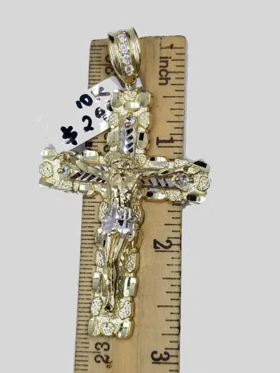 Pre-owned Globalwatches10 Real 10k Yellow Gold Cross Pendant Nugget Jesus Charm 2.9 Inch 3.9 Inch On Sale