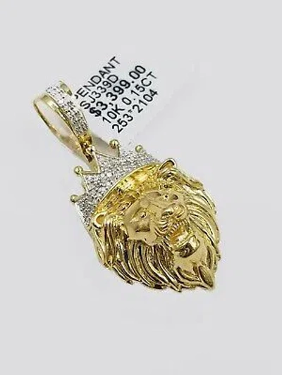 Pre-owned Globalwatches10 Real 10k Yellow Gold Lion Head 1.5" Charm Pendant With Genuine Diamonds