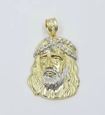 Pre-owned Globalwatches10 Real 10k Yellow White Gold Jesus Head Charm Pendant Diamond Cut 2.25" 35mm Men In Yellow & White