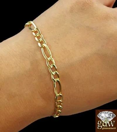 Pre-owned Globalwatches10 Real 14k Figaro Cuban Link Bracelet 9" Inches Men Women