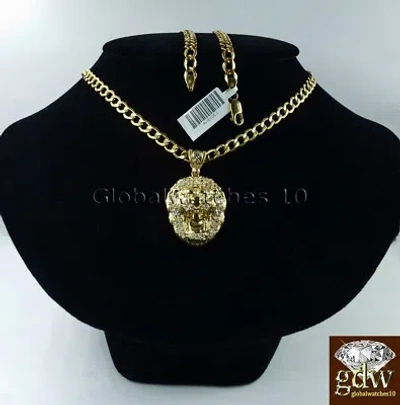 Pre-owned Globalwatches10 Real Men 10k Gold Lion Head Charm Pendant With 28" Inch Miami Cuban Link Chain In Yellow