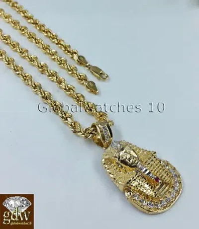 Pre-owned Globalwatches10 Real Mens 10k Gold 28" Inch Rope Chain & Egyptian Pharaoh Head Charm Pendant. In Yellow