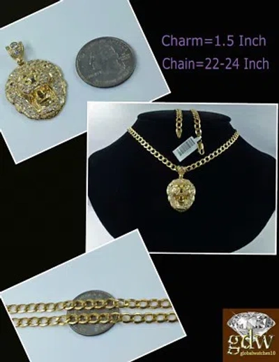 Pre-owned Globalwatches10 Real Mens 10k Gold Miami Cuban Link 26" Inch Chain With Lion Head Charm Pendant In Yellow