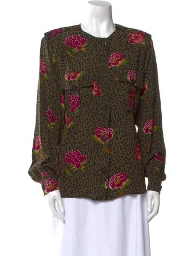 Pre-owned Gloria Sachs Floral Print Crew Neck Blouse In Green