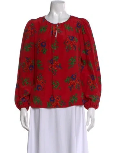 Pre-owned Gloria Sachs Floral Print Crew Neck Blouse In Red