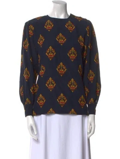 Pre-owned Gloria Sachs Printed Crew Neck Blouse In Blue