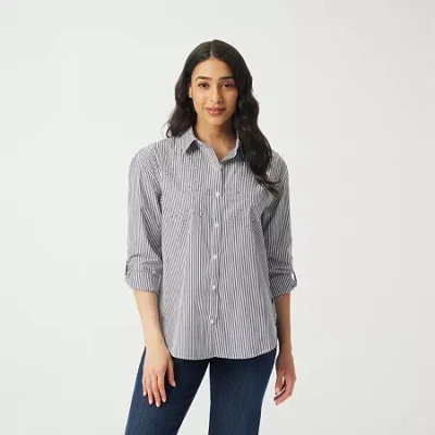 Gloria Vanderbilt Amanda Embellished Womens Roll Tab Long Sleeve Loose Fit Button-down Shirt In Blue