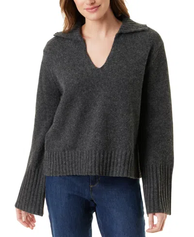 Gloria Vanderbilt Petite Abella Polo-collar Sweater In Charcoal