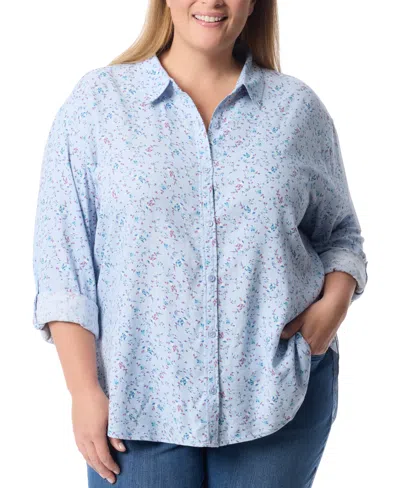 Gloria Vanderbilt Plus Size Amanda Cotton Oversized Floral Shirt In Bitsy Blossom Blue