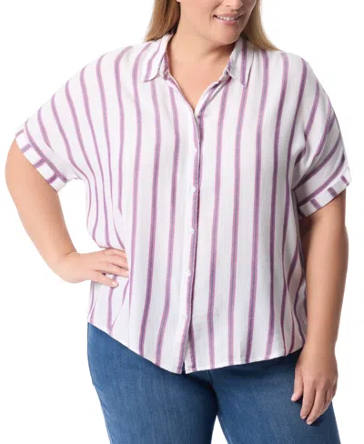 Gloria Vanderbilt Plus Size Daisy Printed Button-front Shirt In Metropolitan Stripe White