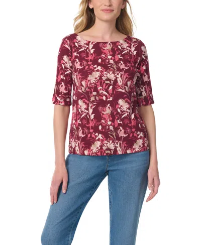 Gloria Vanderbilt Women's Alanis Boat Neck Floral-print Cotton-blend T-shirt In Brown