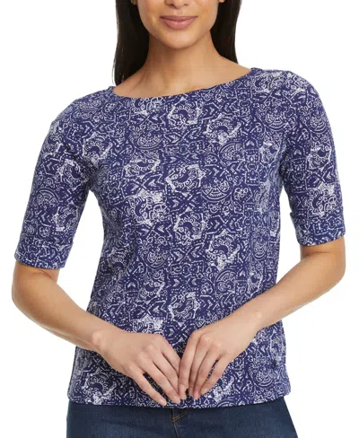 Gloria Vanderbilt Women's Alanis Printed Cuffed-sleeve T-shirt In Blue