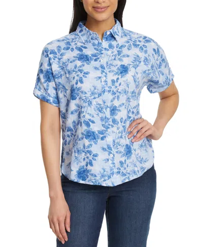 Gloria Vanderbilt Women's Daisy Printed Drop-hem Shirt In Blue