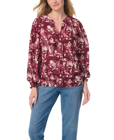 Gloria Vanderbilt Women's Floral V-neck Blouse In Wine Flower Blooms