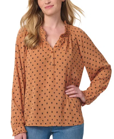 Gloria Vanderbilt Women's Lenna Long-sleeve Polka-dot Band-collar Blouse In Bran