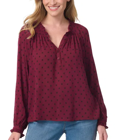Gloria Vanderbilt Women's Lenna Long-sleeve Polka-dot Band-collar Blouse In Zinfandel Wine