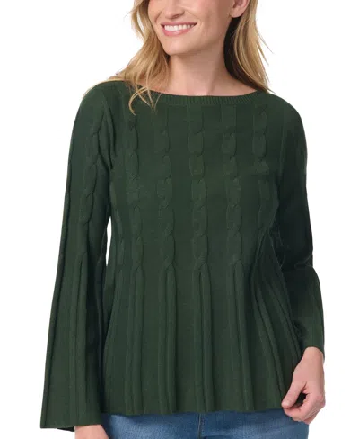 Gloria Vanderbilt Women's Maren Cable-knit Boat Neck Bell Sleeve Sweater In Olive Viridian