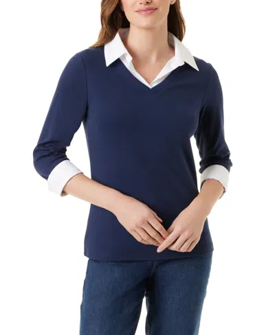 Gloria Vanderbilt Women's Maxine Knit 3/4-sleeve V-neck Faux-layer Blouse In Blue