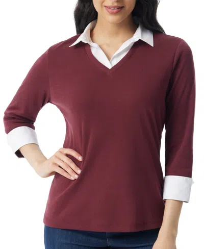 Gloria Vanderbilt Women's Maxine Knit 3/4-sleeve V-neck Faux-layer Blouse In Zinfandel