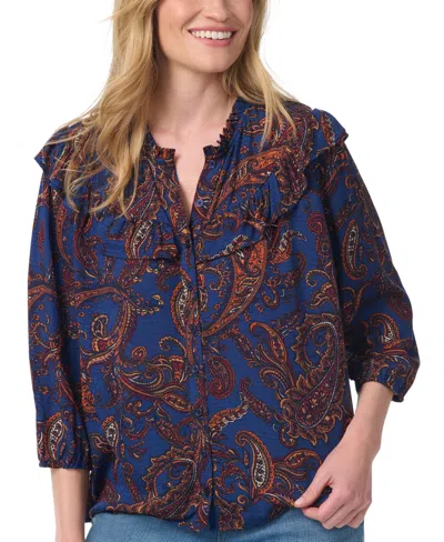 Gloria Vanderbilt Women's Nia Peasant 3/4-sleeve Cascading-ruffles Blouse In Medieval Blue Paisley